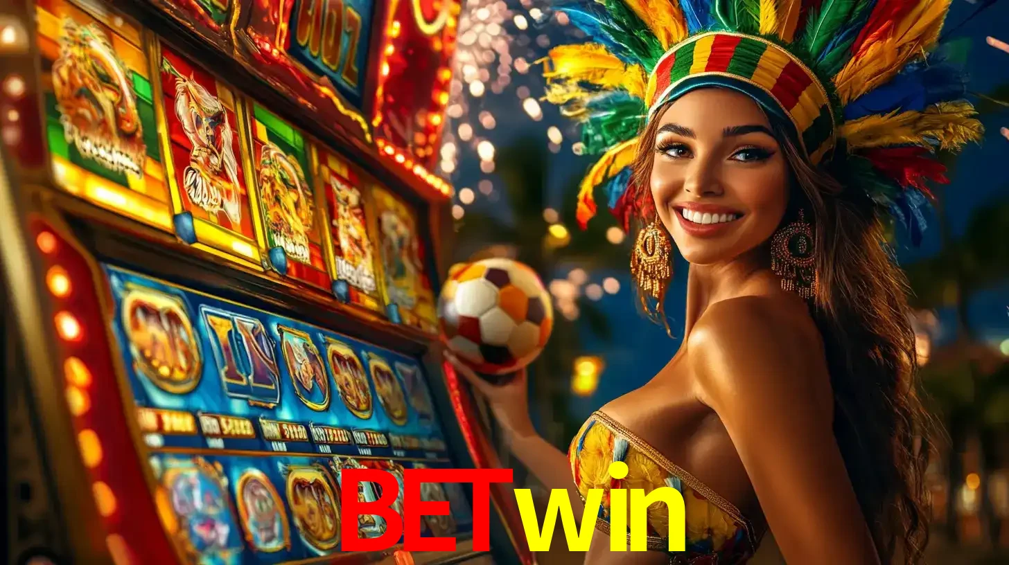 Mulher com um cocar de carnaval ao lado de uma máquina de caça-níqueis enquanto segura uma bola de futebol, mostrando a união da diversão de cassino e esportes no betwin.