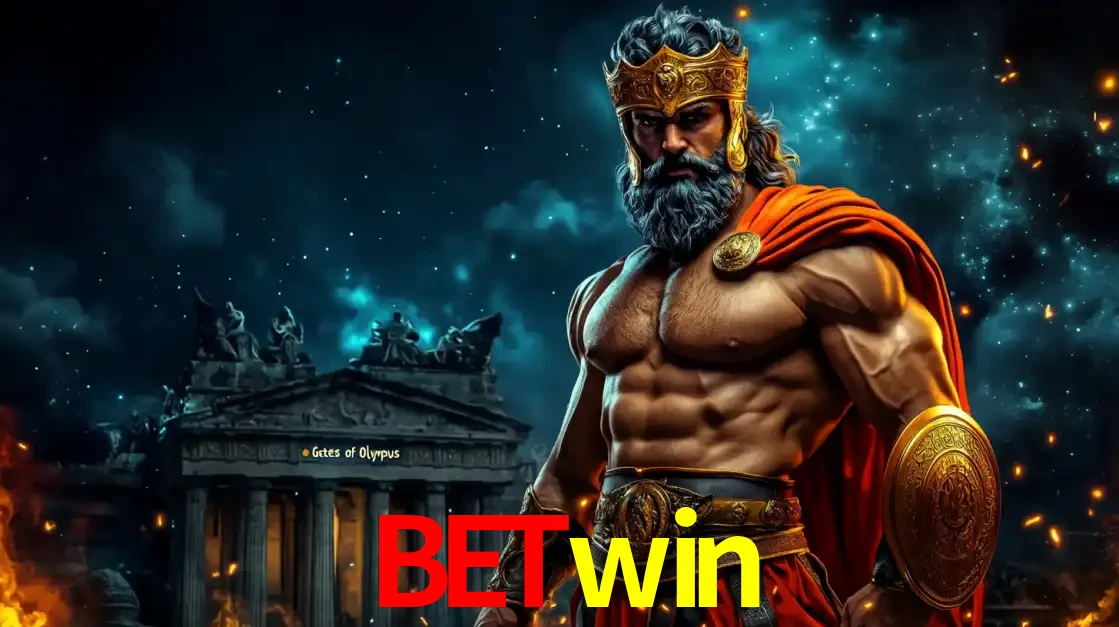 O poderoso Zeus do jogo de slot Gates of Olympus em frente ao seu templo, pronto para lançar multiplicadores divinos e prêmios épicos no cassino online betwin.