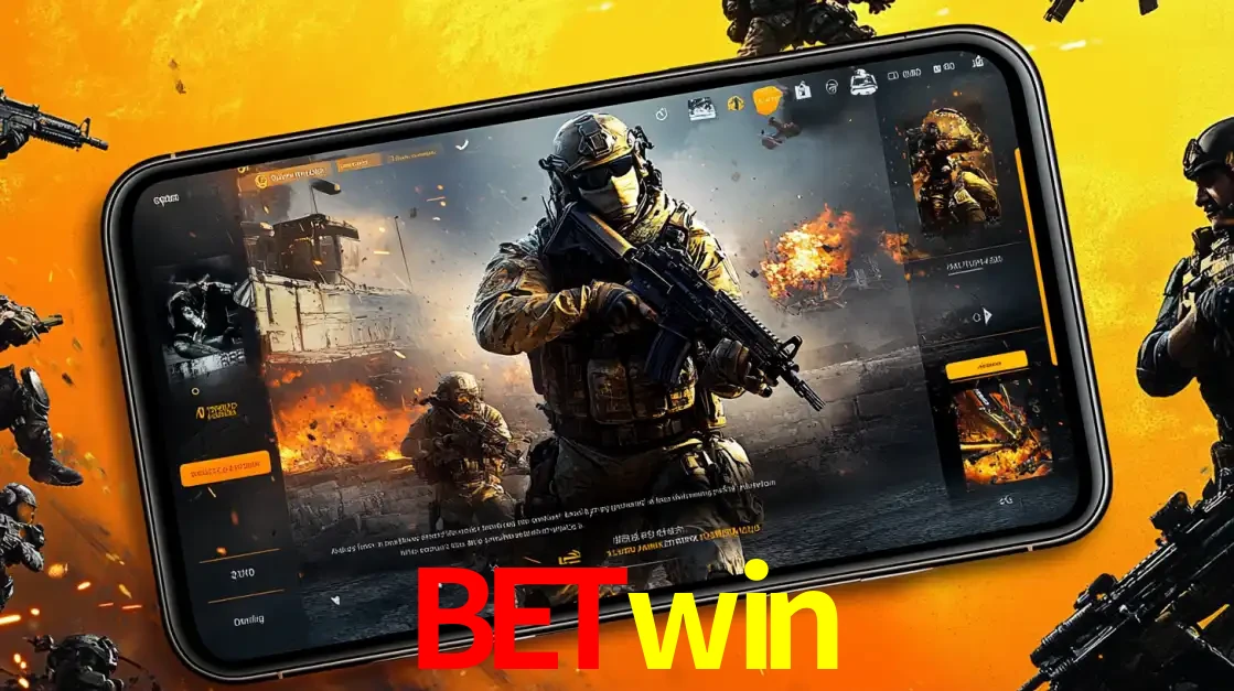 Um smartphone exibindo a interface de um jogo de tiro em primeira pessoa, com um soldado em um cenário de batalha, representando a ação dos e-sports para apostar no betwin.