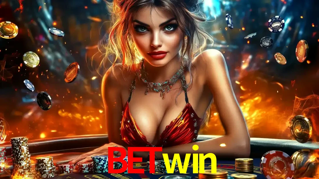 Mulher em uma mesa de cassino com pilhas de fichas e um fundo de fogo, pronta para uma rodada de altas apostas nos jogos de mesa emocionantes do cassino betwin.