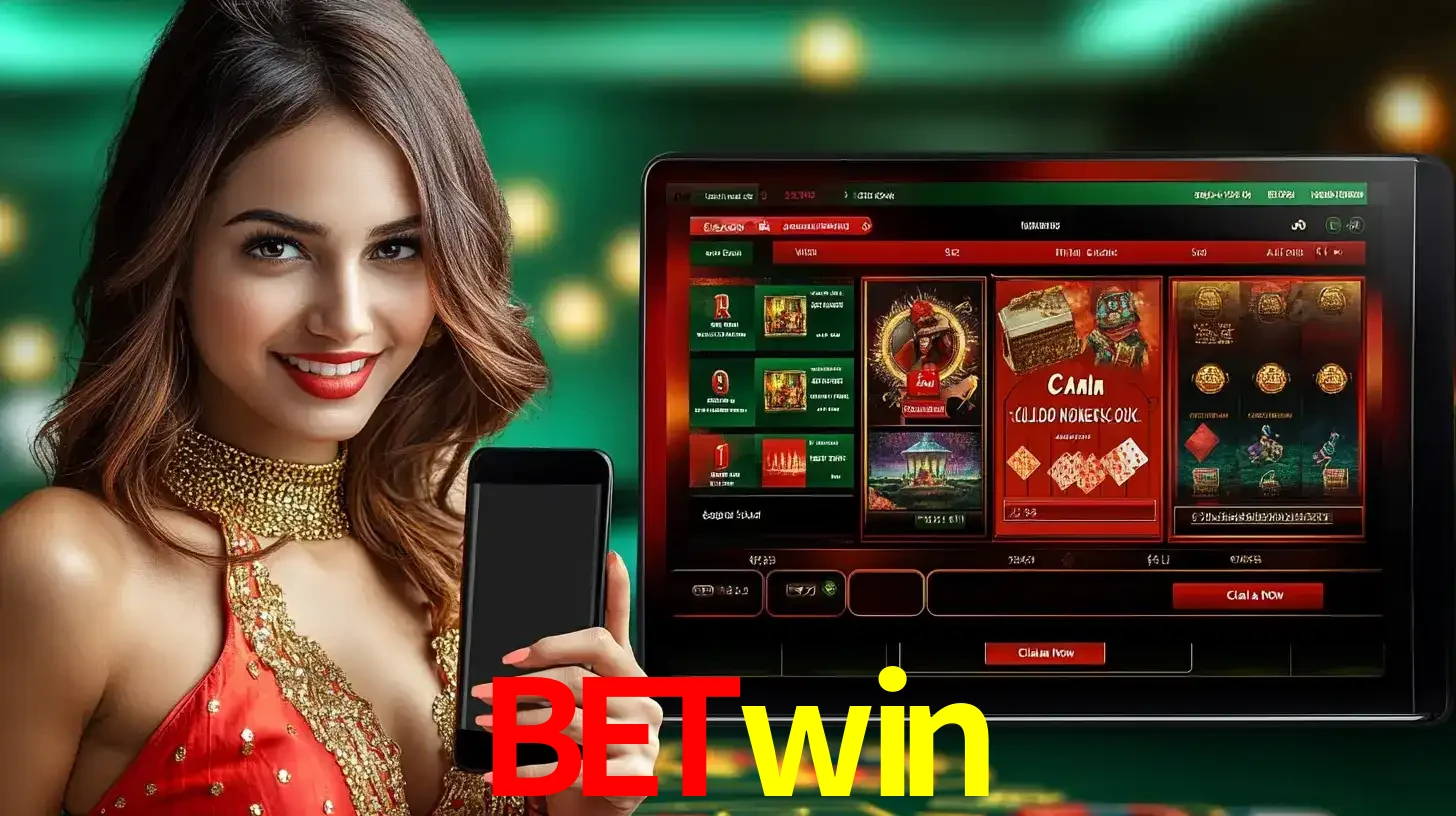 Mulher sorridente segurando um smartphone, ao lado de uma tela exibindo o lobby de jogos do cassino online betwin, com várias opções de jogos de cartas e slots.